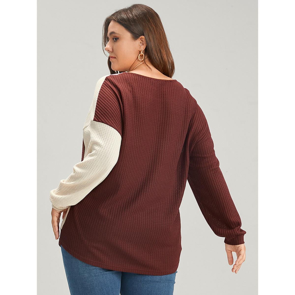 Plus Size Colorblock Contrast V Neck Waffle Knit Sweatshirt Women Russet Elegant Patchwork V-neck Dailywear Sweatshirts BloomChic 22-24/3X Product Image