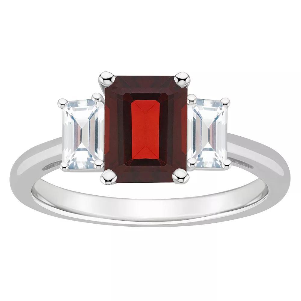 Alyson Layne Sterling Silver 8 mm x 6 mm Emerald Cut Gemstone & White Topaz Three-Stone Ring, Women's, Pink Quartz Product Image