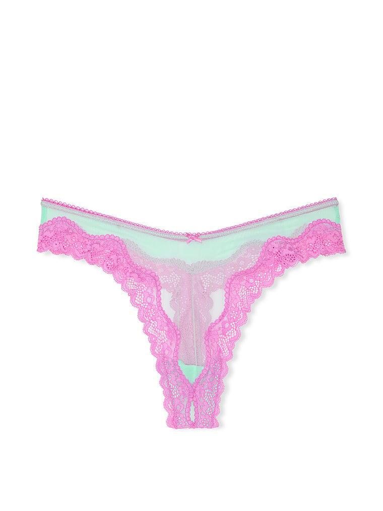 Tease Mesh Lace-Trim High-Leg Thong Panty Product Image
