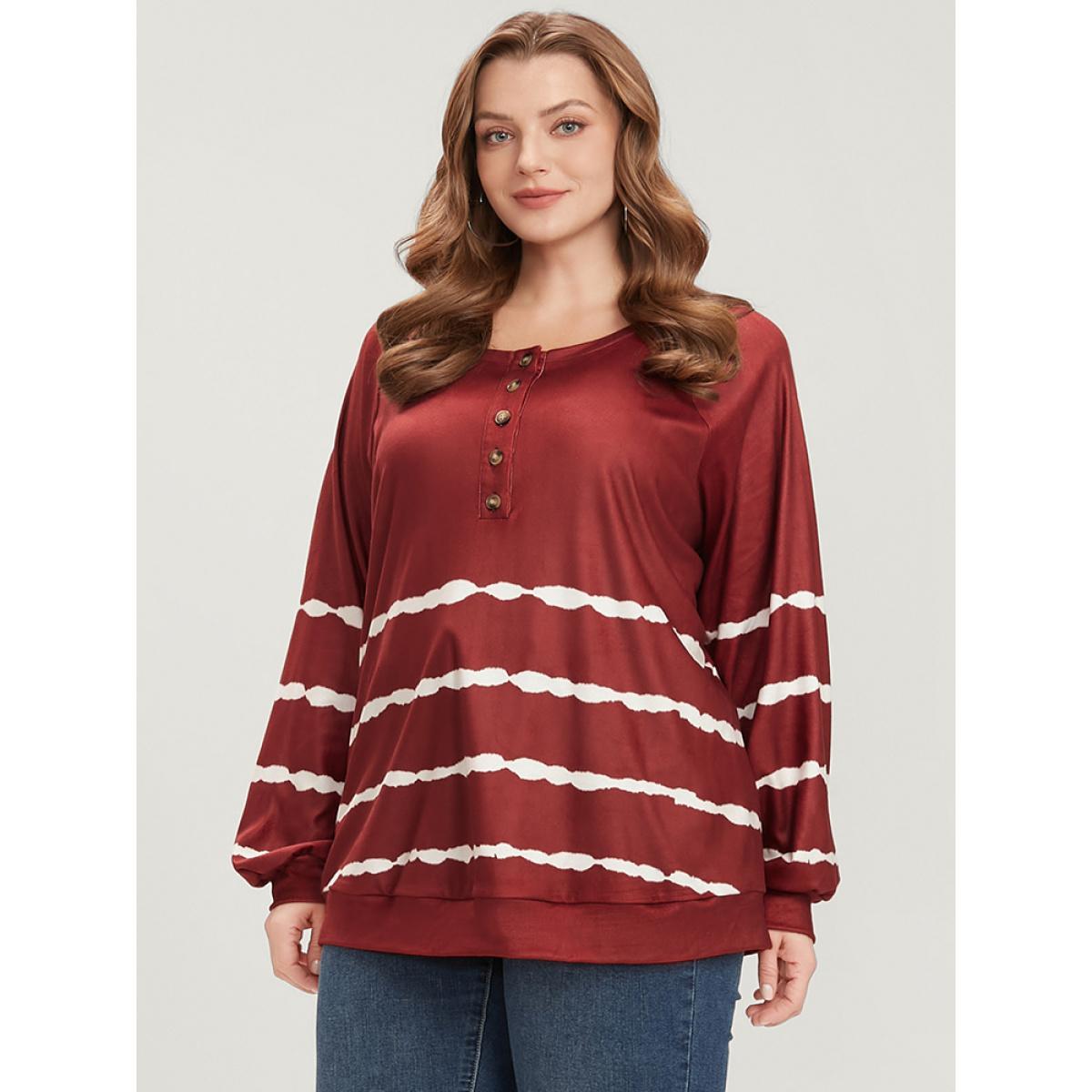 Plus Size Striped Print Round Neck Button Up Sweatshirt Women Scarlet Casual Tie Dye Round Neck Dailywear Sweatshirts BloomChic 18-20/2X Product Image