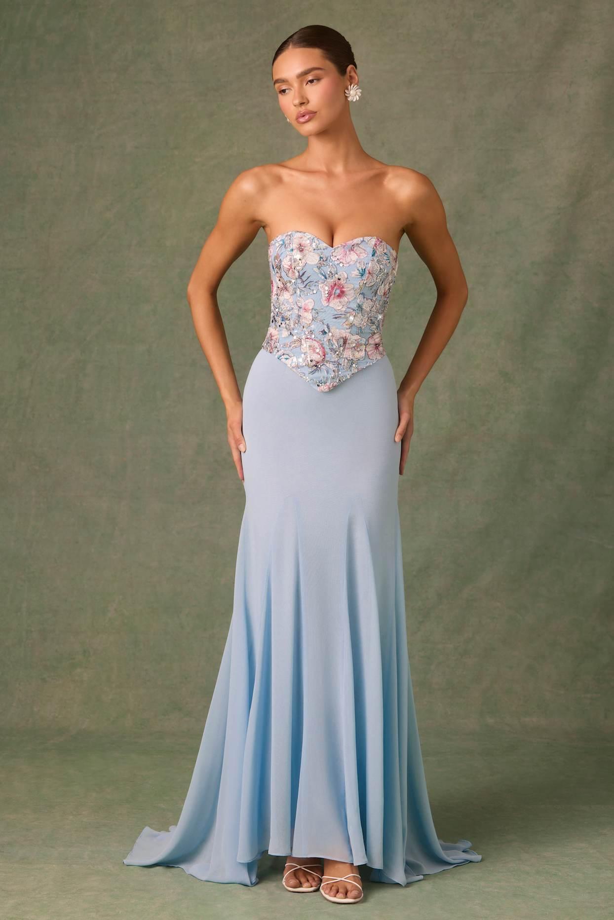 Embellished Corset Fishtail Gown in Floral Blue Product Image