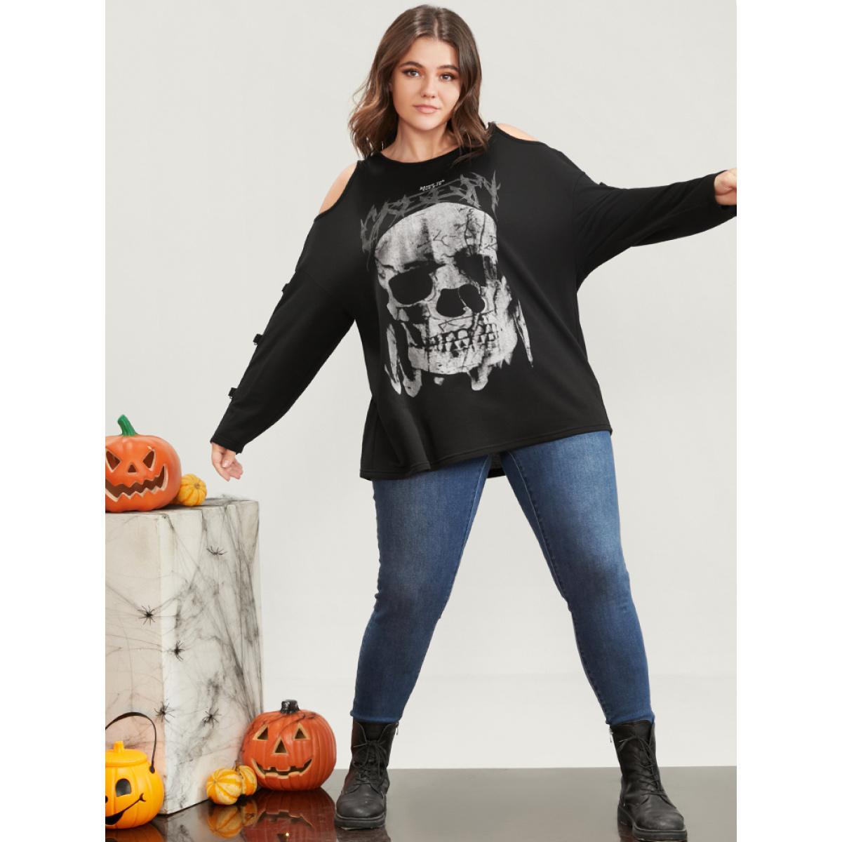 Plus Size Halloween Skull Print Cold Shoulder Sweatshirt Women Black Elegant Printed Round Neck Dailywear Sweatshirts BloomChic 18-20/2X Product Image