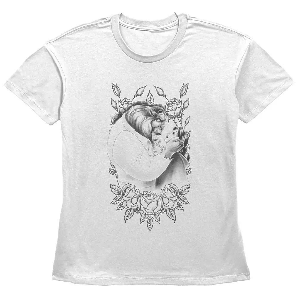 Disney's Beauty And The Beast Belle And Beast Women's Rose Sketch Graphic Tee, Size: Small, White Product Image