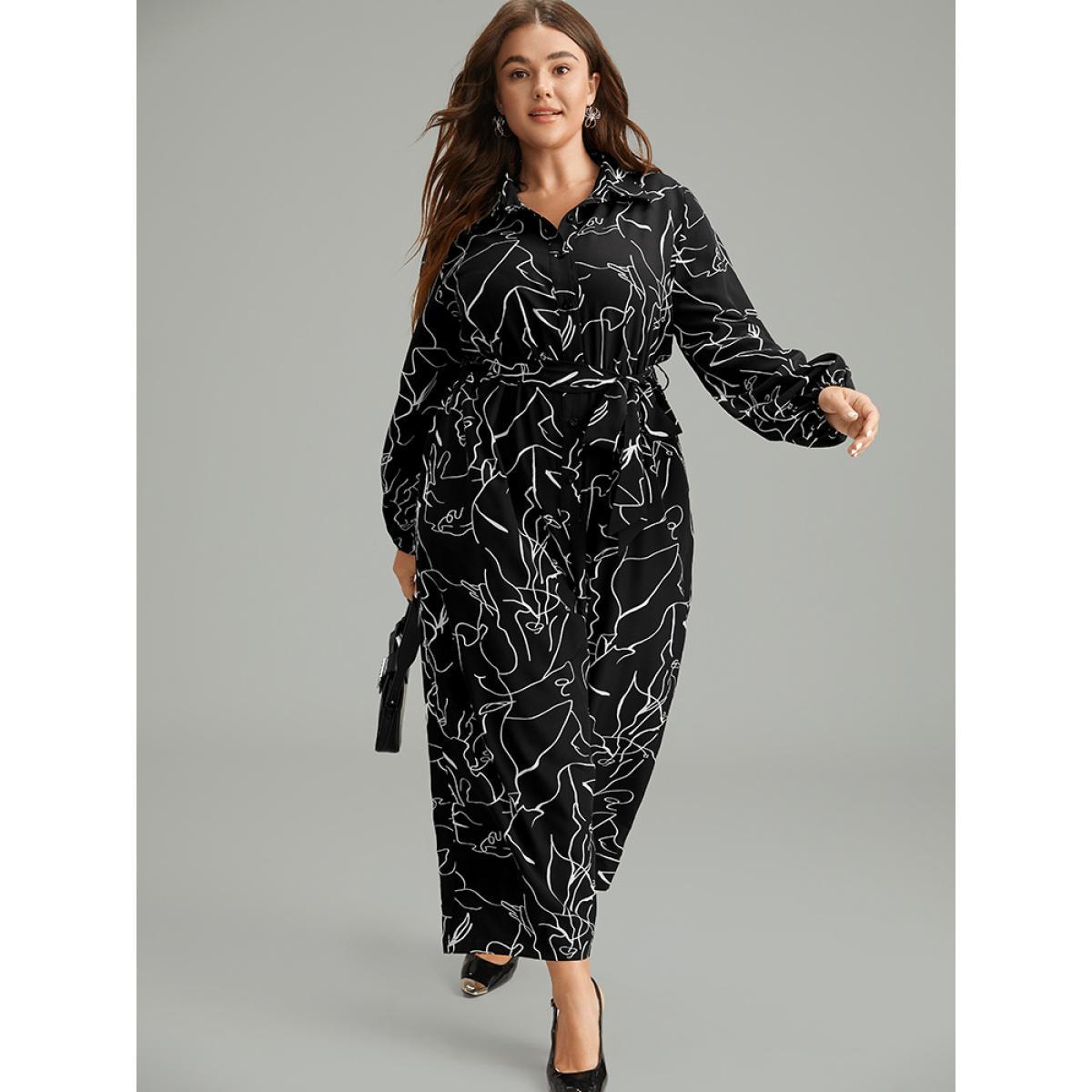 Plus Size BlackFlower Halloween Art & Design Belted Pocket Jumpsuit Women Office Long Sleeve Shirt collar Festival-Halloween Loose Jumpsuits BloomChic 28/5X Product Image