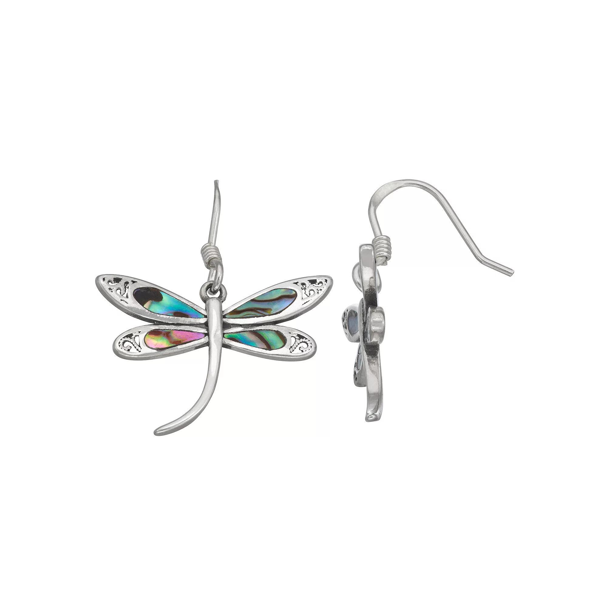 Sterling Silver Abalone Dragonfly Earrings, Women's Product Image