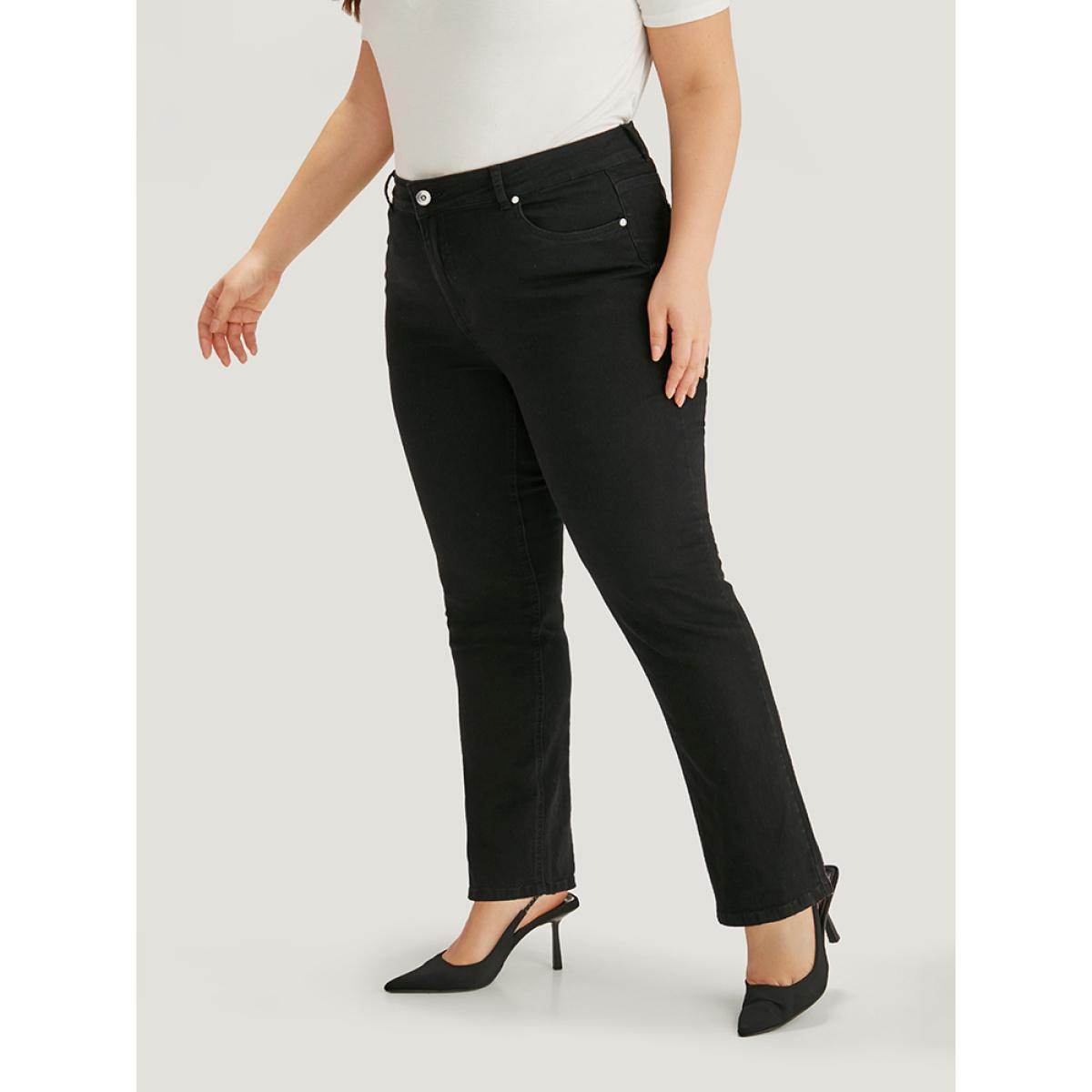 Plus Size Solid High Rise Black Wash Jeans Women Black Casual Plain Plain High stretch Pocket Jeans BloomChic 26/4X Product Image