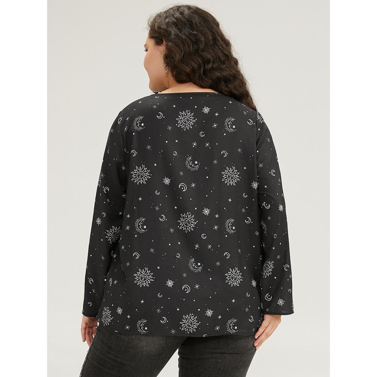 Plus Size Black Halloween Moon & Star Print Pleated Tab Sleeve Blouse Women Elegant Elbow-length sleeve V-neck Festival-Halloween Blouses BloomChic 26/4X Product Image