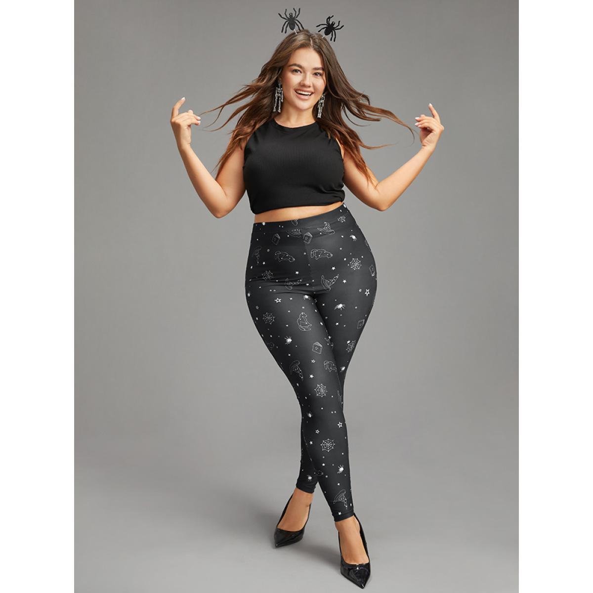 Plus Size Halloween Print High Rise Elastic Waist Leggings Women Black Casual High stretch Skinny High Rise Festival-Halloween Leggings BloomChic 28/5X Product Image