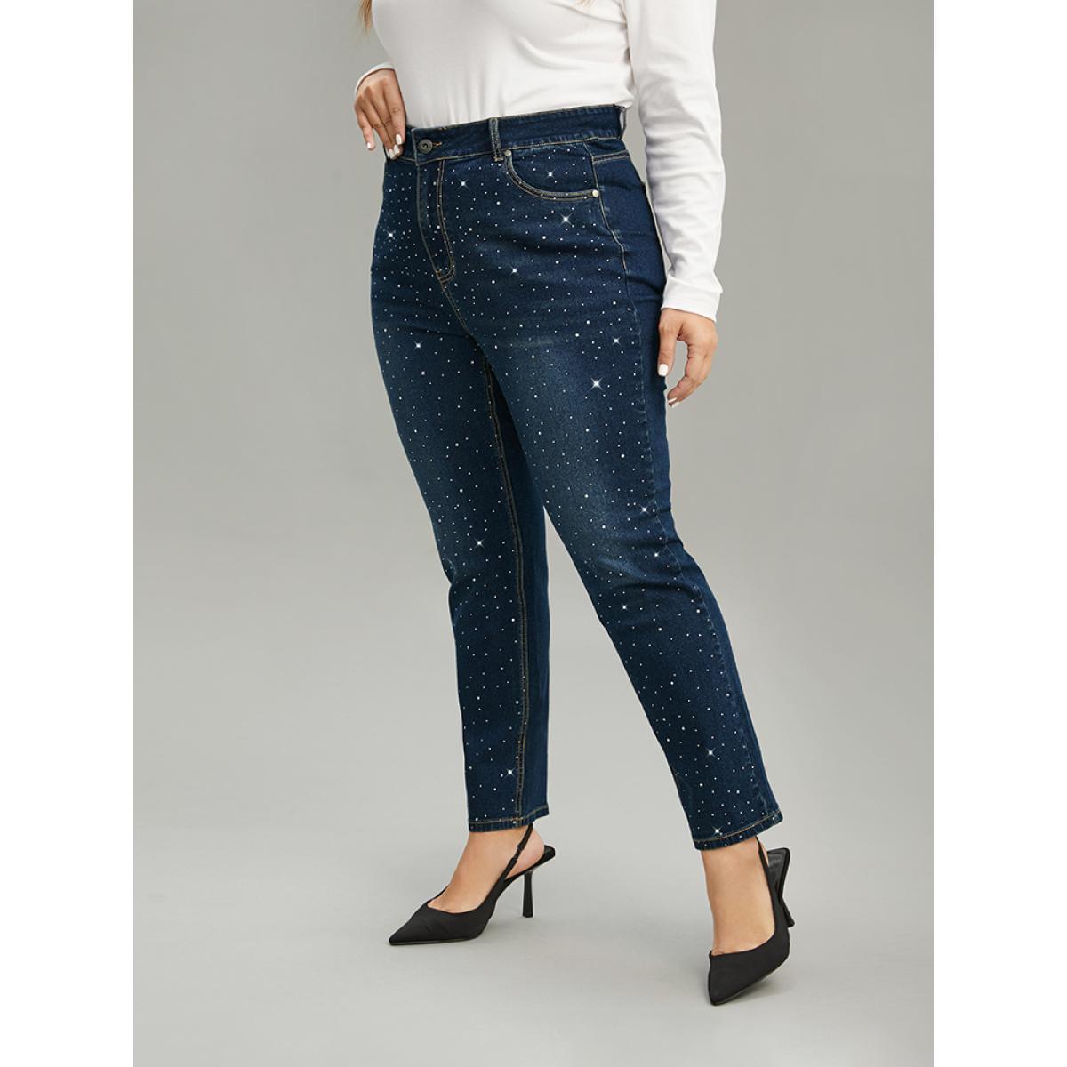 Plus Size Rhinestone Detail Dark Wash Straight Leg Jeans Women DarkBlue Casual Plain Rhinestone detailing High stretch Pocket Jeans BloomChic 16/1X Product Image