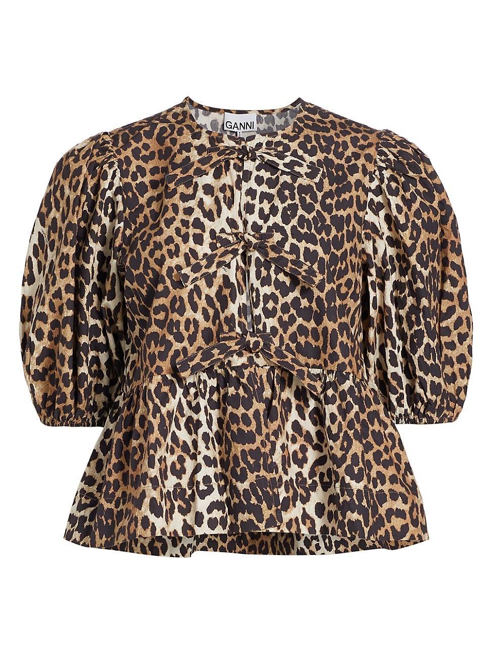 Womens Leopard Poplin Peplum Blouse Product Image