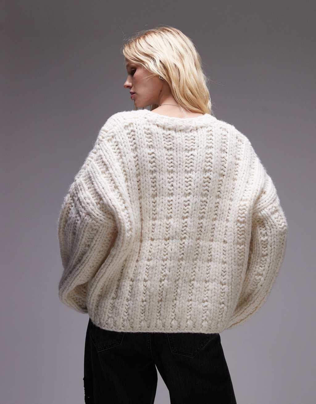 Topshop premium hand knit ladder stitch oversized sweater in ivory Product Image