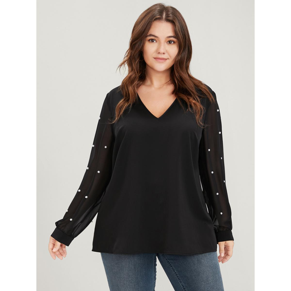Plus Size Black Solid Patchwork Mesh Sleeve Pearls Beaded Blouse Women Glamour Long Sleeve V-neck Going out Blouses BloomChic 12/L Product Image