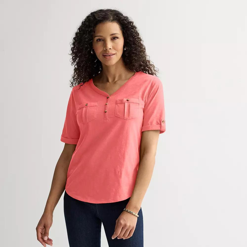 Petite Croft & Barrow® Elbow Sleeve Utility Henley Top, Women's, Size: XXL Petite, Pink Product Image
