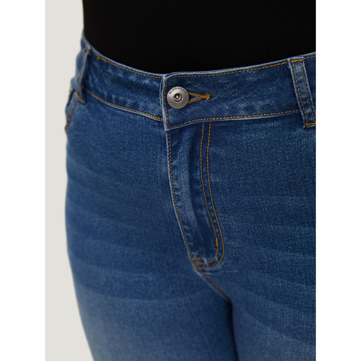 Plus Size Very Stretchy High Rise Medium Wash Contrast Patchwork Jeans Women Blue Casual Patchwork Contrast High stretch Pocket Jeans BloomChic 22/3X Product Image