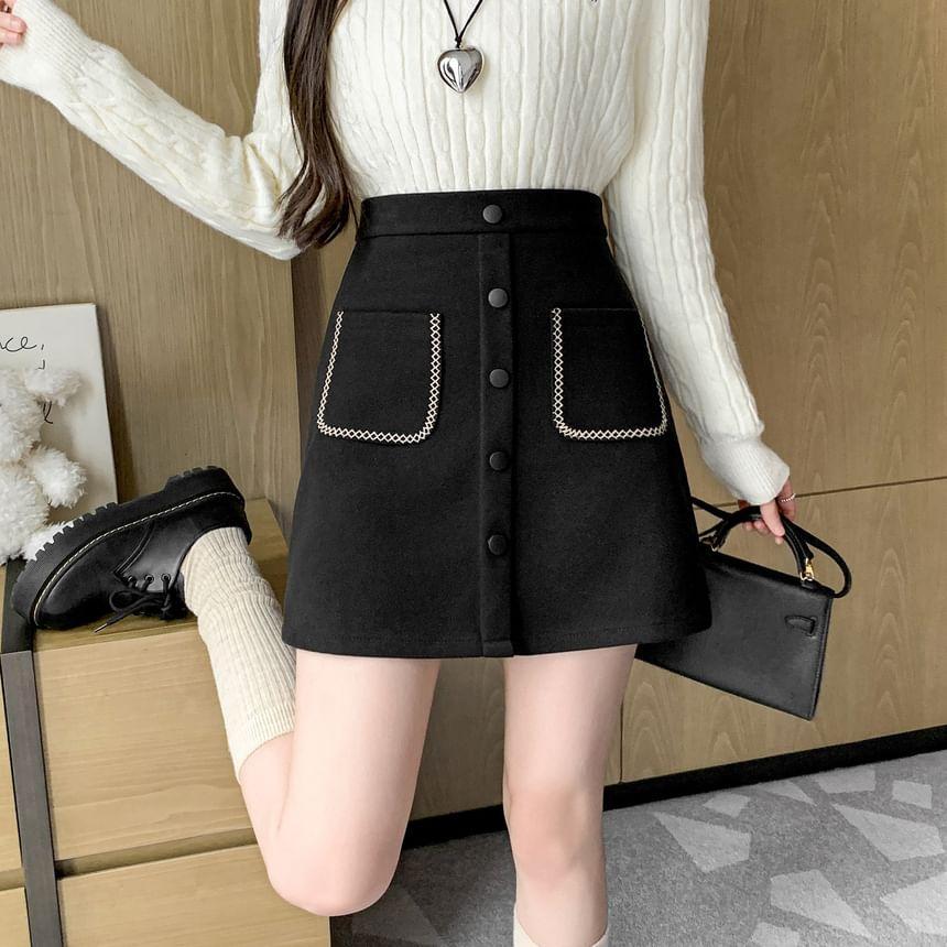 High Waist Embroidered Button Mini A-Line Skirt Product Image