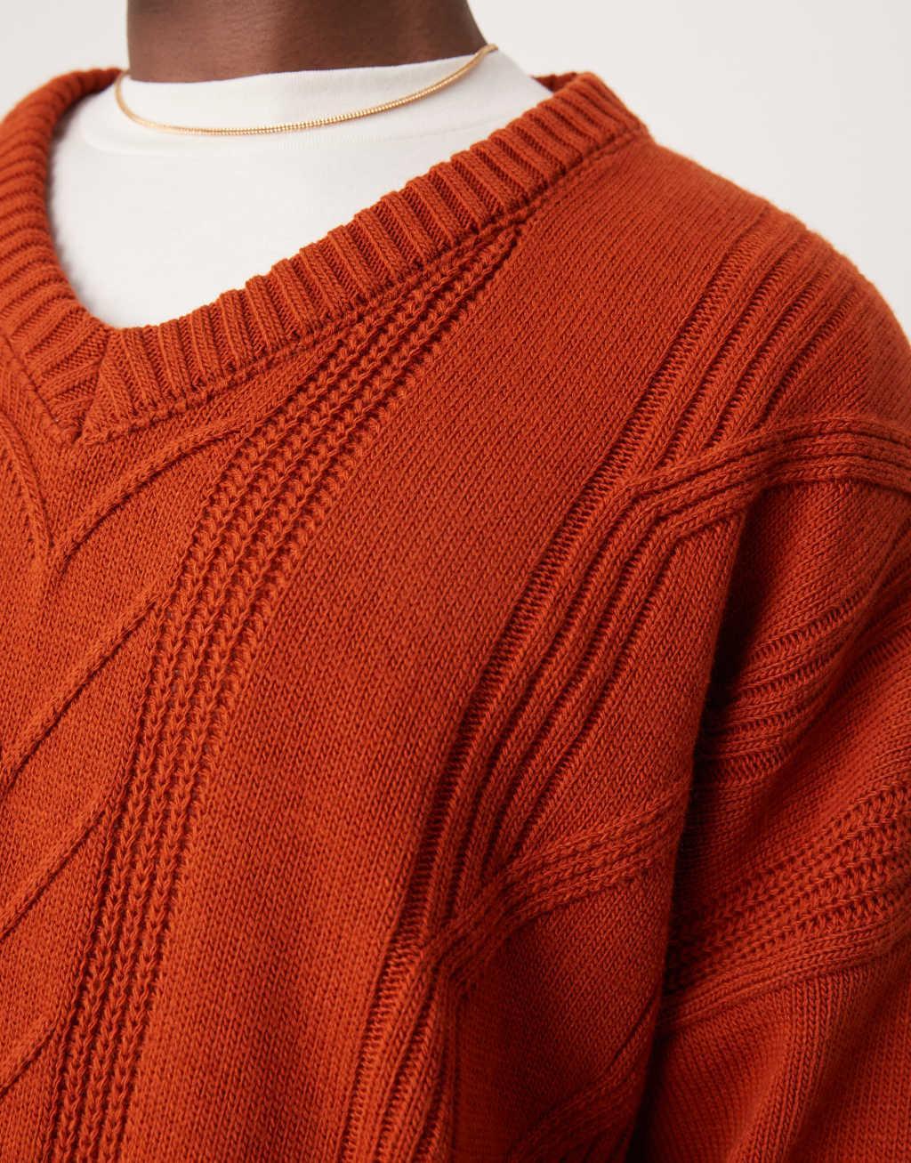 ASOS DESIGN super oversized stitch detail v-neck knit boxy sweater in burnt orange Product Image