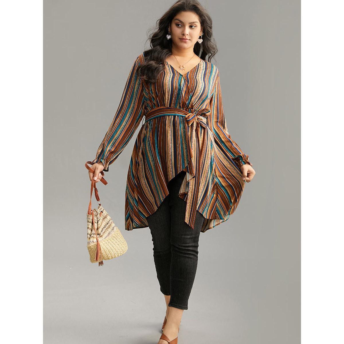 Plus Size Multicolor Striped Overlap Collar Arc Hem Belted Blouse Women Vacation Long Sleeve Overlap Collar Vacation Blouses BloomChic 14-16/1X Product Image