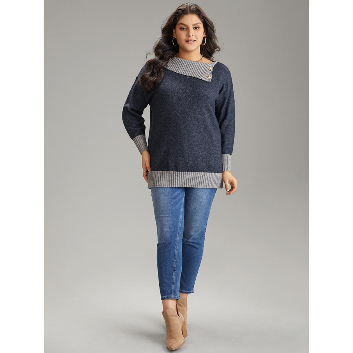 Plus Size Two Tone Button Detail Lapel Collar Pullover Midnight Women Casual Loose Long Sleeve Lapel Collar Dailywear Pullovers BloomChic 12/L Product Image
