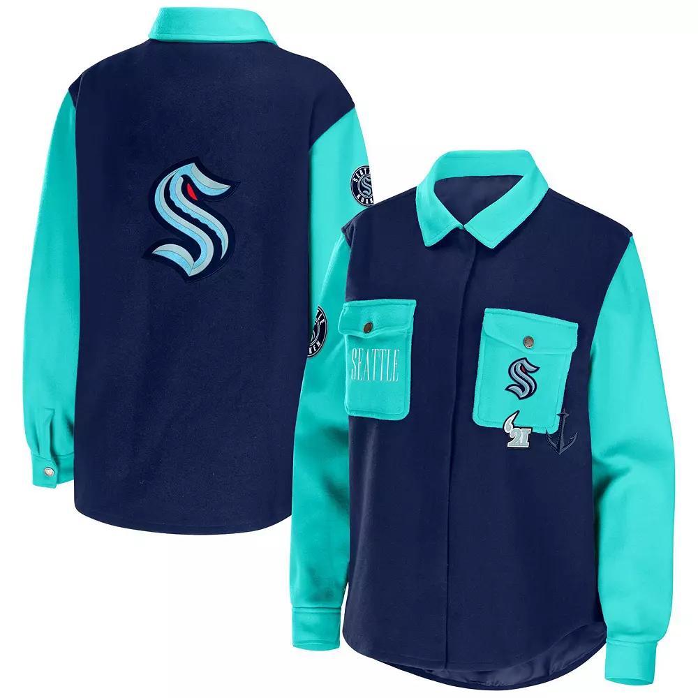 Women's WEAR by Erin Andrews Deep Sea Blue/Light Blue Seattle Kraken Colorblock Button-Up Shirt Jacket, Size: XL, Krk Blue Product Image