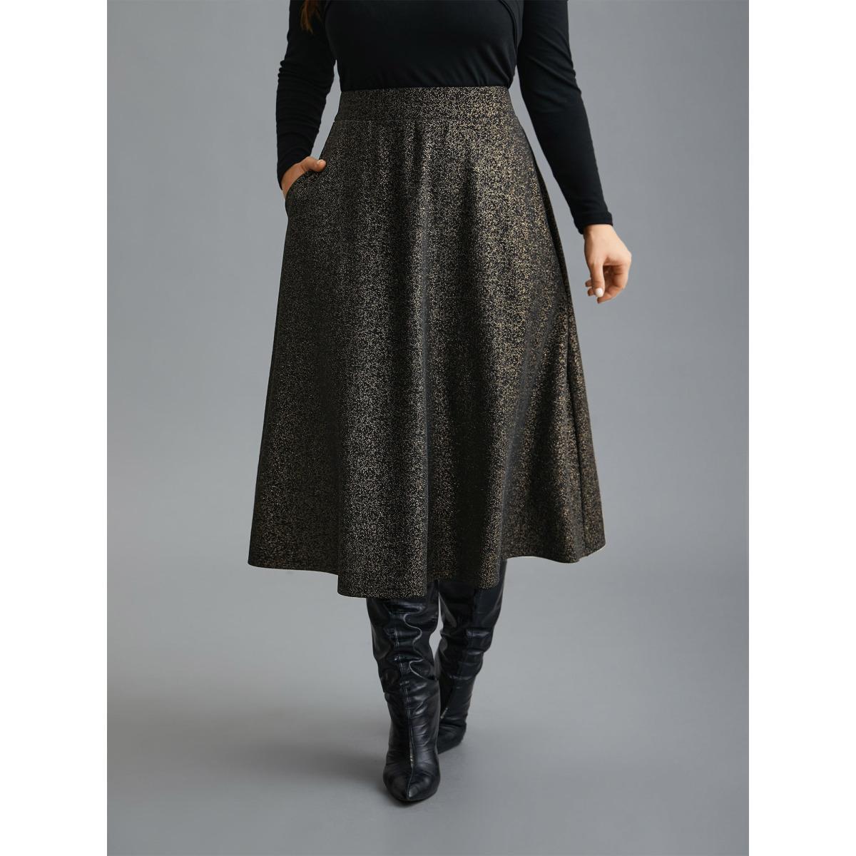 Plus Size Glitter Elastic Waist Pocket Midi Skirt Women Champagne Elegant Low stretch Slanted pocket Everyday Skirts BloomChic 10/M Product Image