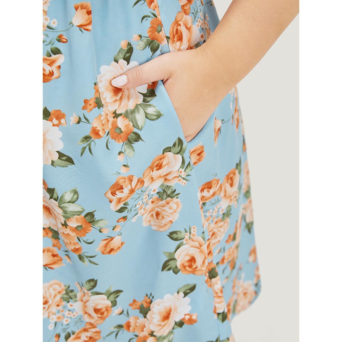 Plus Size Floral Print Twist Front Ruffle Sleeve Ruffles Dress LightBlue Women Elegant Gathered V-neck Short sleeve Curvy Knee Dress BloomChic 26/4X Product Image