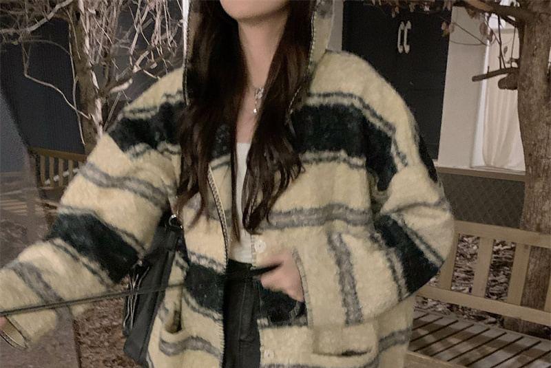 Striped Hooded Open Front Jacket Product Image