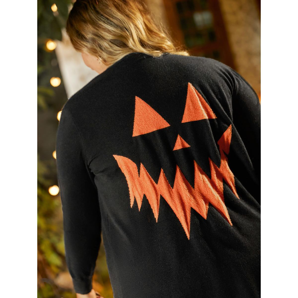 Plus Size Supersoft Essentials Jack-o-Lantern Jacquard Back Printed Cardigan Black Women Casual Loose Long Sleeve Everyday Cardigans BloomChic 10/M Product Image
