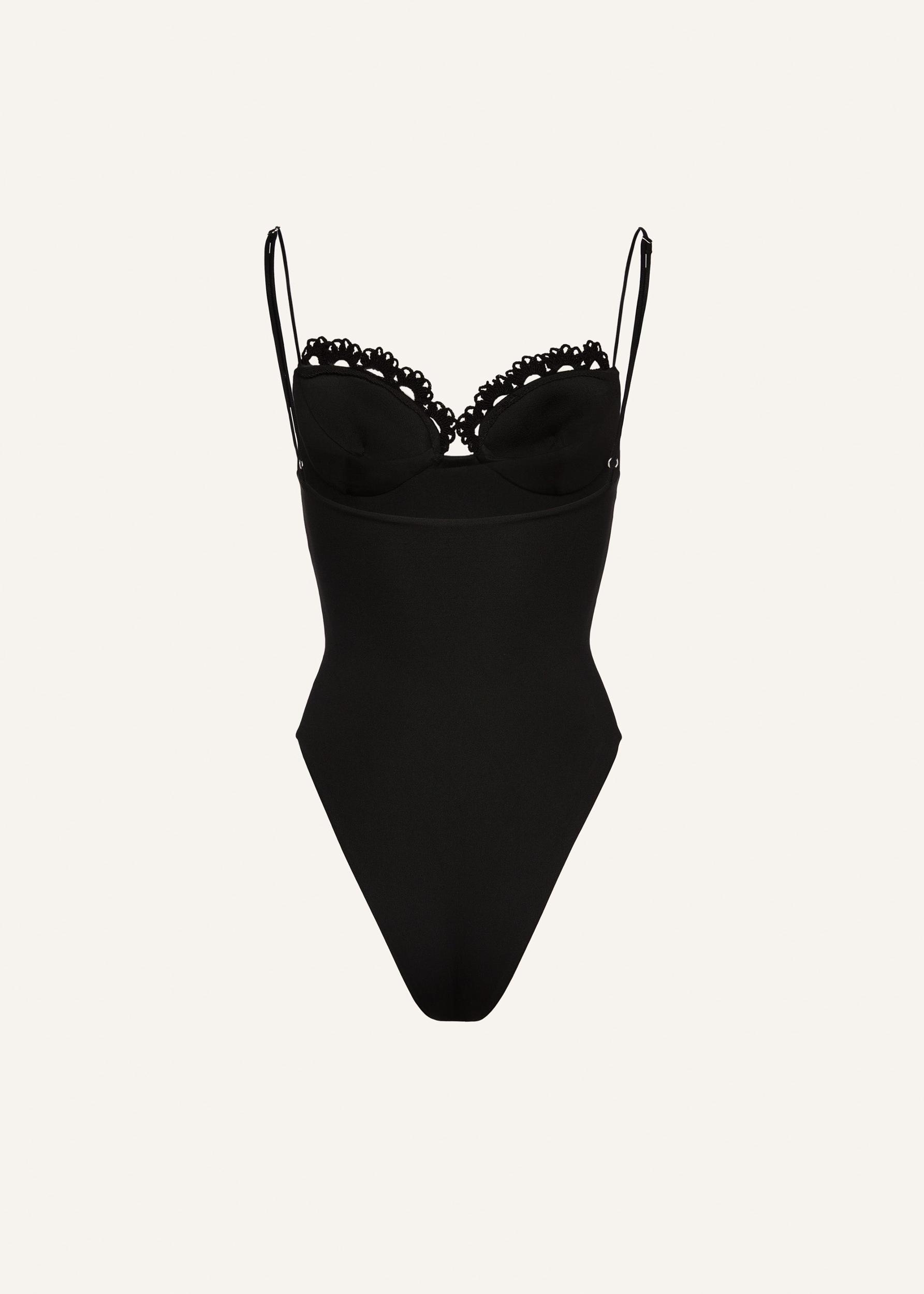 Crochet-trim bustier swimsuit in black Product Image