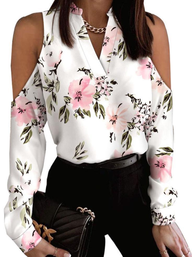 Original Creation Long Sleeves Loose Floral Printed Hollow V-Neck Blouses&Shirts Tops Product Image