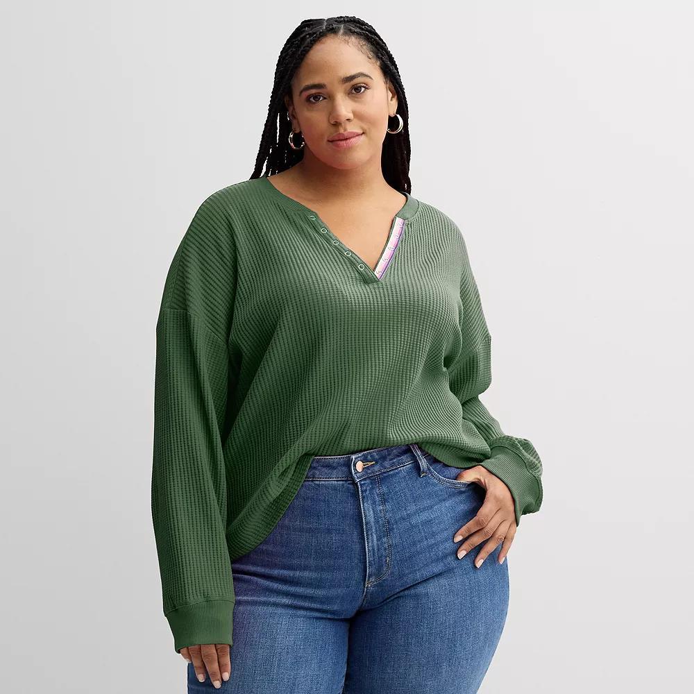 Plus Size Sonoma Goods For Life® Relaxed Waffle Knit Henley, Women's, Size: 0X, Manolo Green Product Image