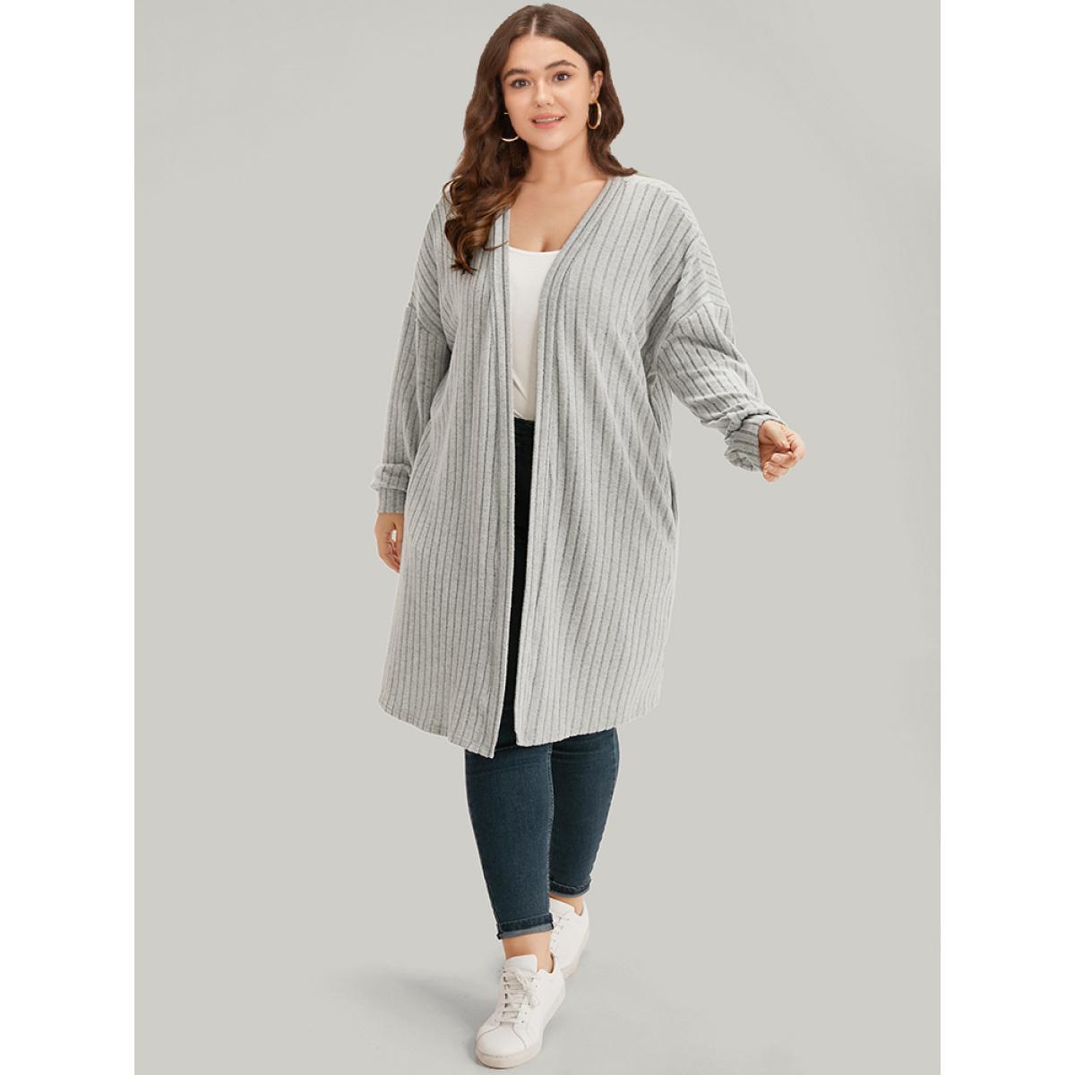 Plus Size Plain Pocket Texture Open Front Kimono Women Gray Casual Texture Pocket Dailywear Kimonos BloomChic 12/L Product Image