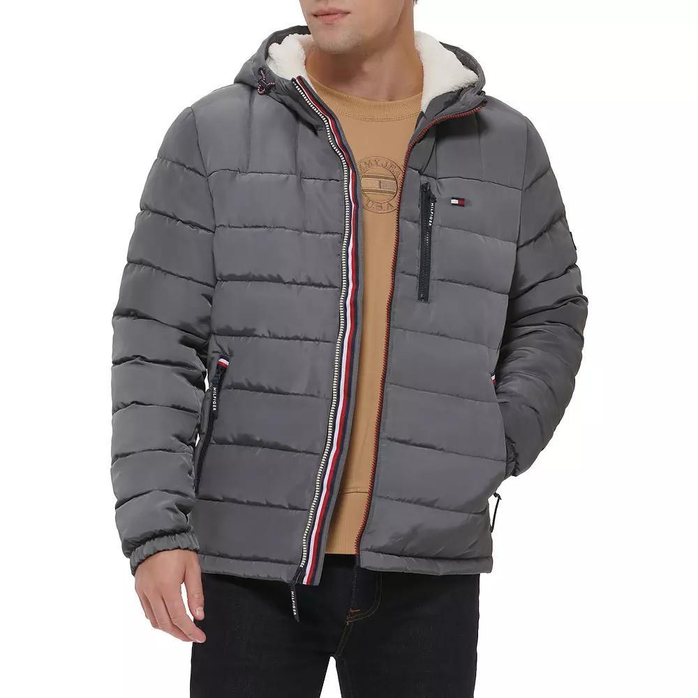 Men's Tommy Hilfiger Hooded Puffer Jacket with Sherpa Lined Hood, Size: Medium, Blue Colorblock Product Image