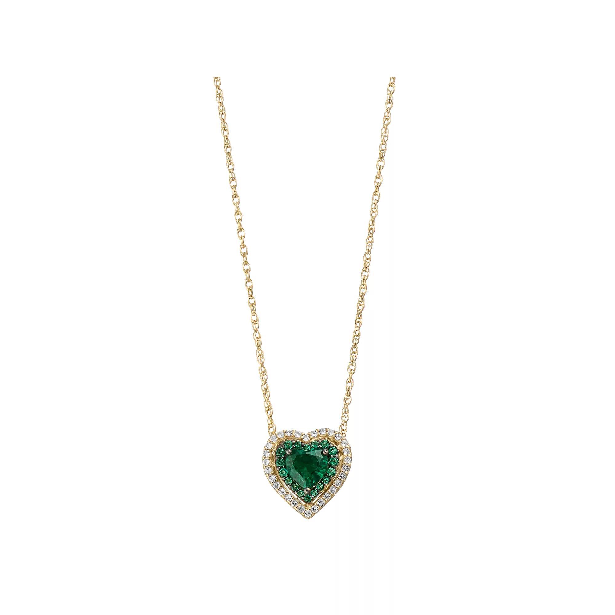 14k Gold Over Silver Lab-Created Emerald & Lab-Created White Sapphire Heart Pendant Necklace, Women's, Size: 18", Sterling Product Image