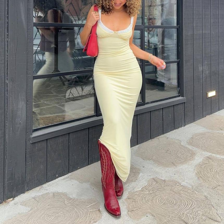 Sleeveless V-Neck Ruched Panel Maxi Sheath Dress Product Image