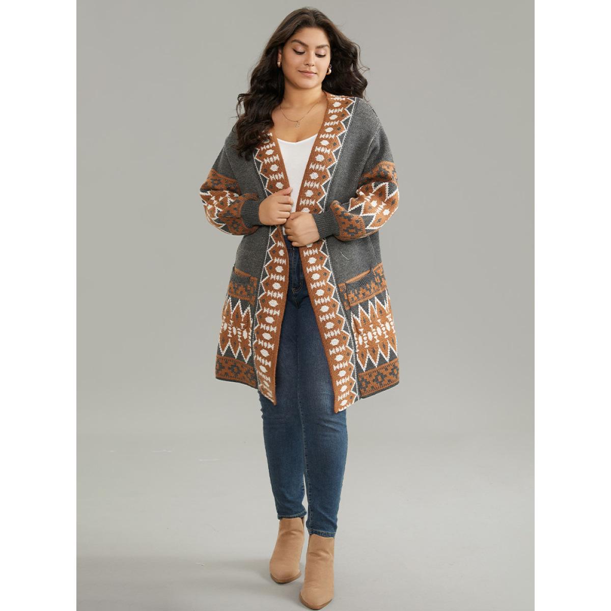 Plus Size Contrast Geometric Pocket Open Front Cardigan DimGray Women Casual Loose Long Sleeve Dailywear Cardigans BloomChic 10/M Product Image