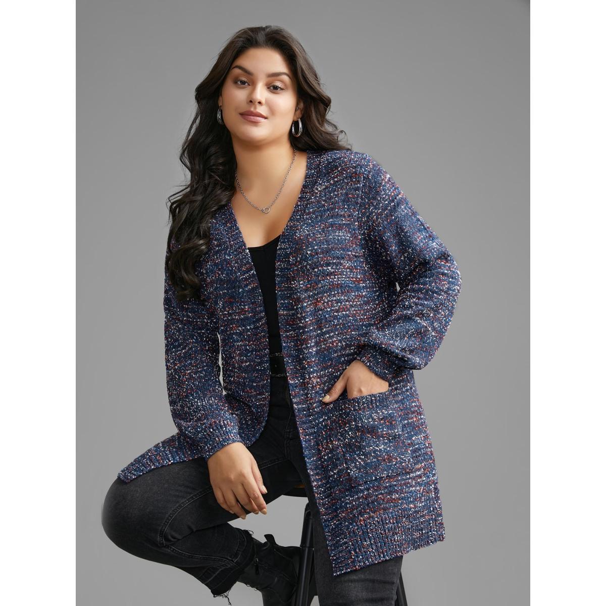 Plus Size Contrast Heather Texture Patch Pocket Cardigan Aegean Women Casual Loose Long Sleeve Everyday Cardigans BloomChic 18-20/2X Product Image