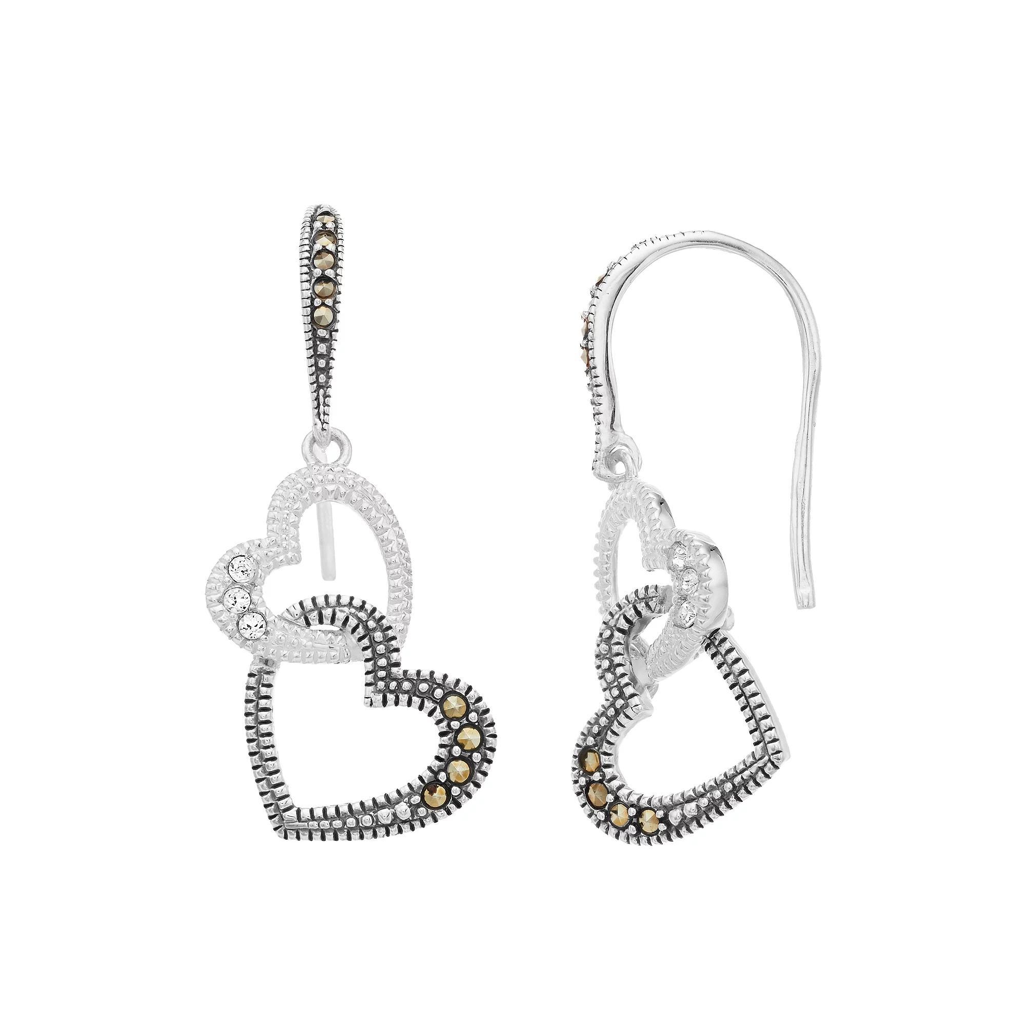Lavish by TJM Sterling Silver Marcasite & Crystal Double Heart Drop Earrings, Women's Product Image