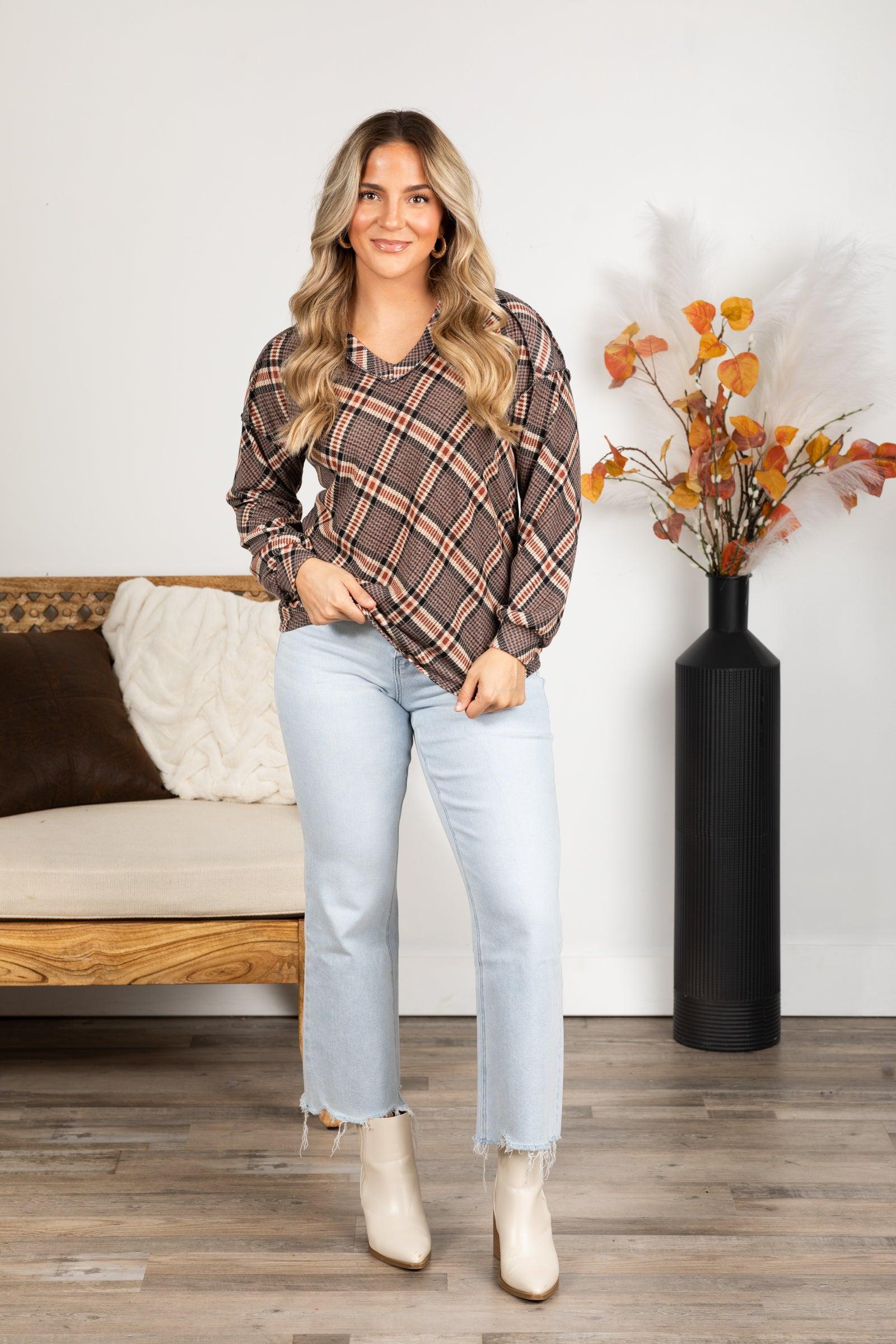 Mocha And Rust Plaid Long Sleeve Knit Top Product Image