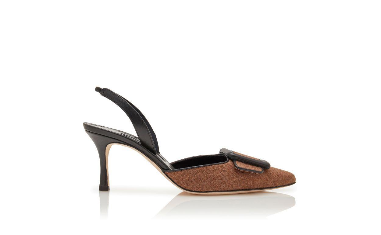 MAYSLIBI Brown and Black Wool Buckle Detail Slingback Pumps Product Image