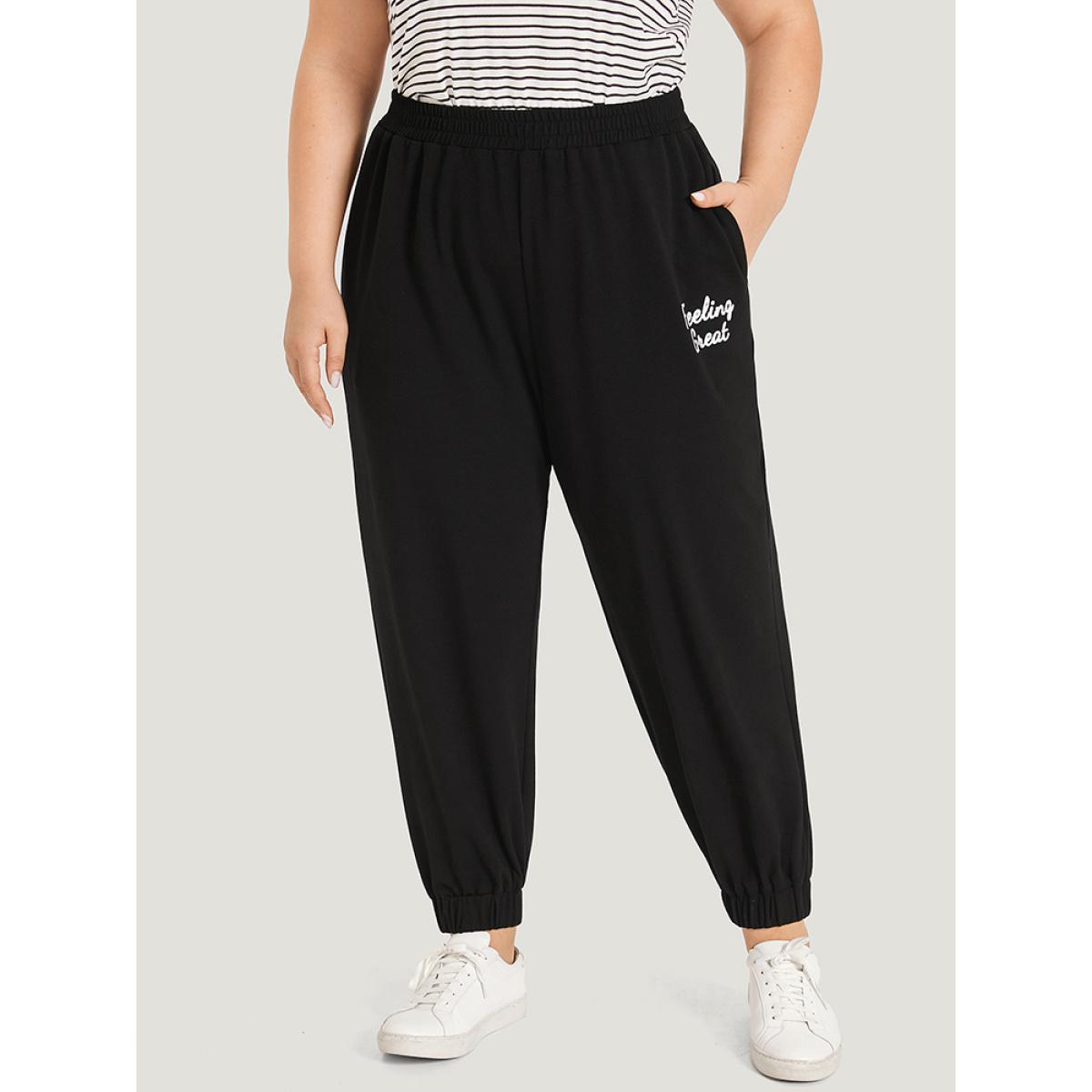 Supersoft Essentials Letter Print Elastic Waist Pocket Sweatpants Black Plus Size Women Casual Dailywear Printed 26/4X Bloomchic Product Image