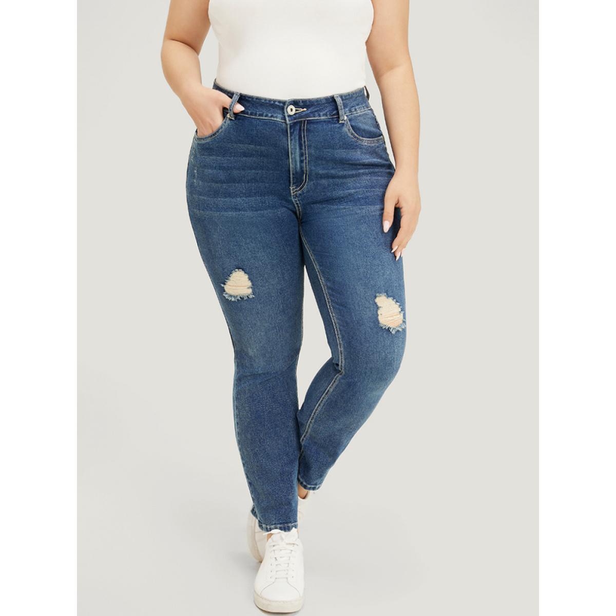 Plus Size Straight Leg Very Stretchy High Rise Medium Wash Jeans Women Indigo Casual Plain Distressed High stretch Pocket Jeans BloomChic 12/L Product Image