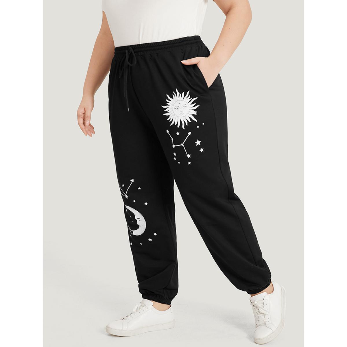 Moon and Star Print Pocket Drawstring Sweatpants Black Plus Size Women Casual Dailywear Plain 28/5X Bloomchic Product Image