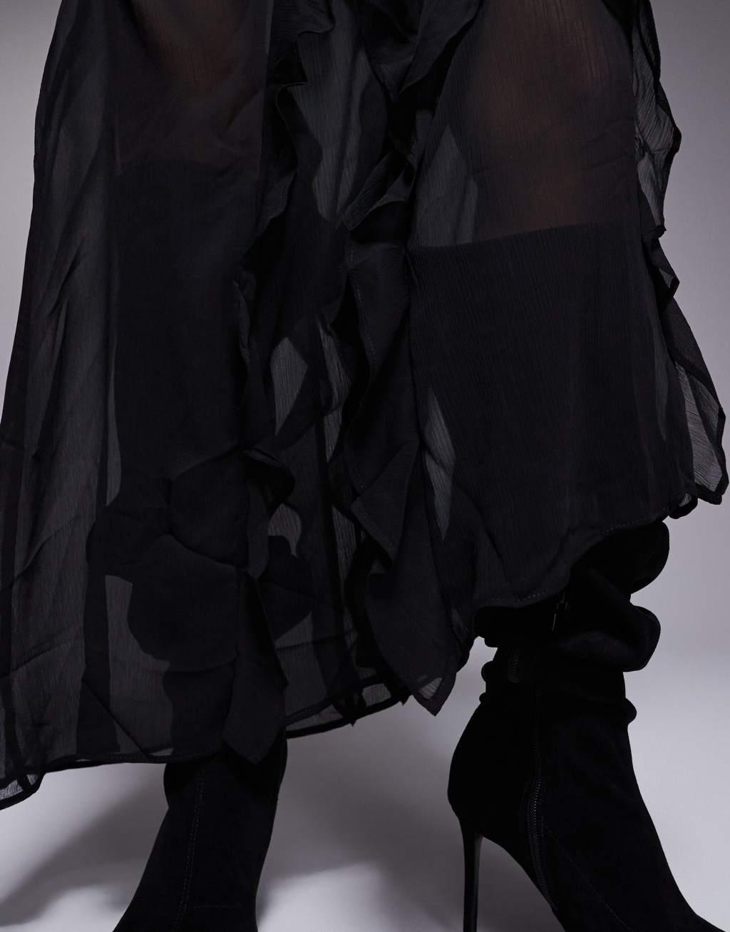 River Island chiffon ruffle maxi skirt in black Product Image