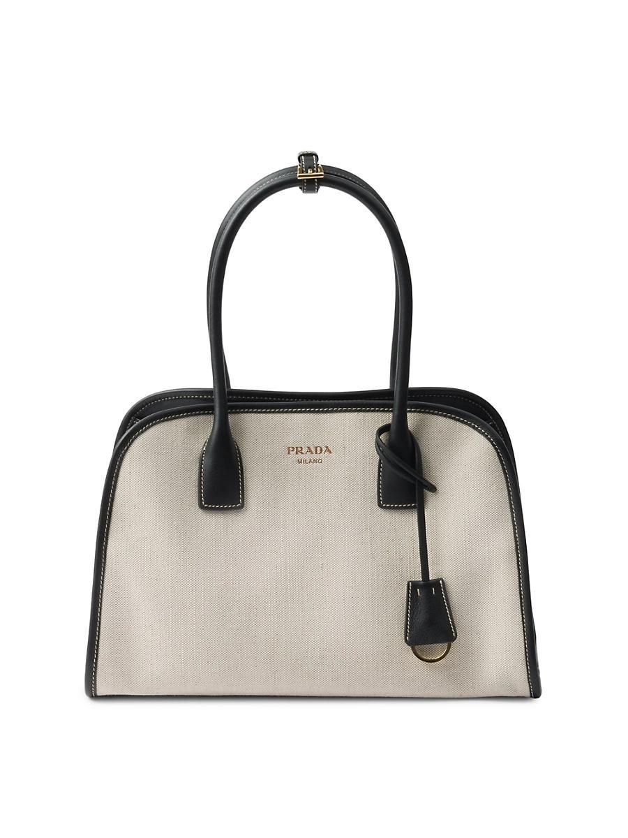 Womens Medium Linen Blend and Leather Tote Bag Product Image