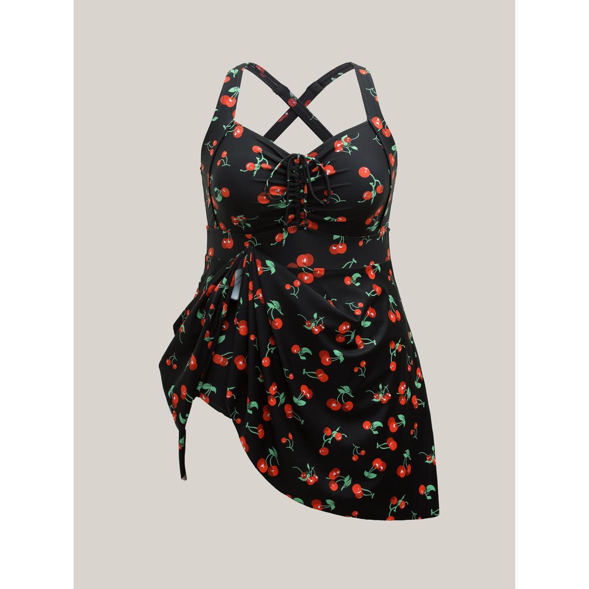 Plus Size Anti-Float Tie Cherry Print Swim Dress Women's Swimwear Black Beach Bodycon Heart neckline High stretch Curve Swim Dresses BloomChic 28/5X Product Image