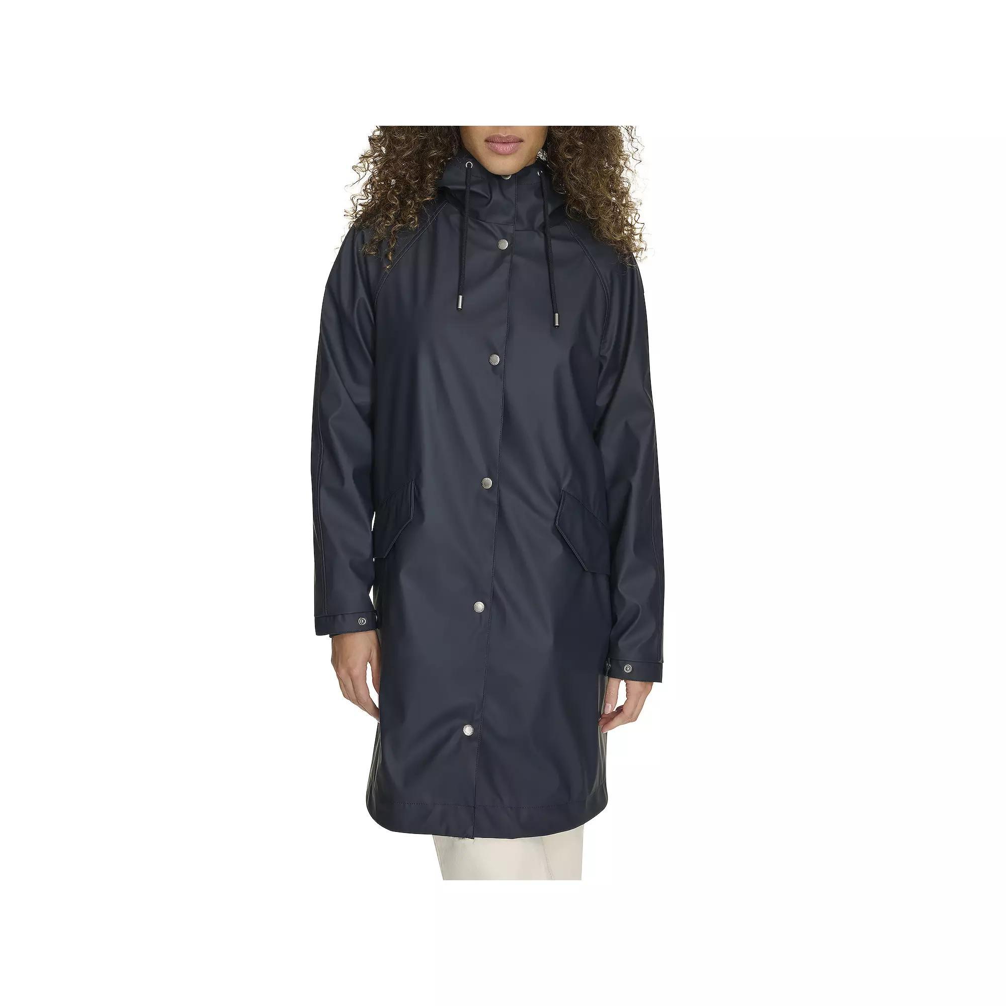 Womens Levis Rubberized Faux Leather Hooded Raglan Sleeve Rain Jacket Blue Product Image
