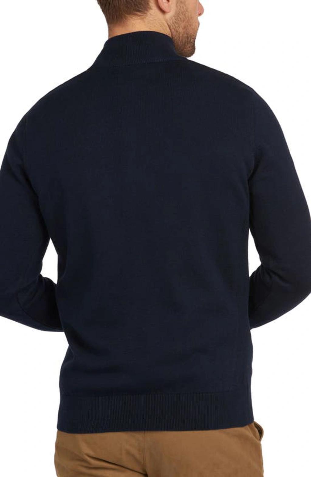 BARBOUR Cotton Half Zip Tartan Trim Sweater Navy Product Image
