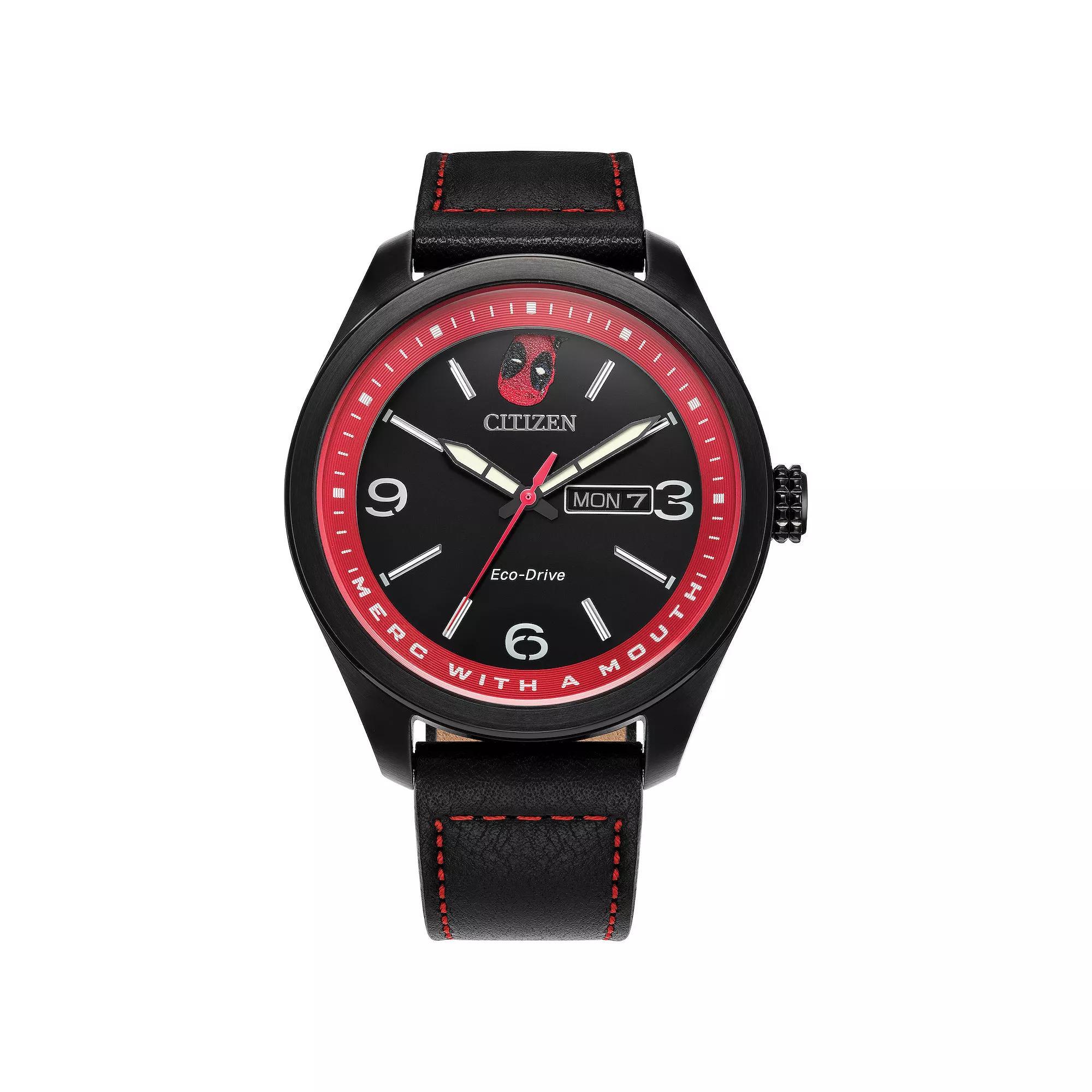 Citizen Mens Eco-Drive Marvel Here Comes Deadpool Black IP Stainless Steel Black Leather Strap Watch - AW0145-02W Product Image