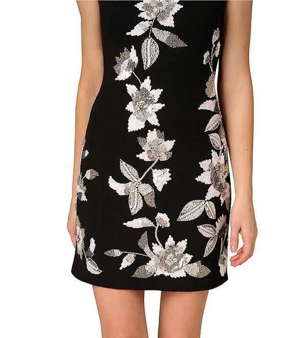 Aidan Mattox Floral Beaded Knit Crepe Crew Neck Sheath Cocktail Dress Product Image