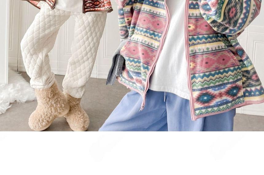 Pattern Mock Neck Fleece Loose-Fit Zip-Up Jacket Product Image